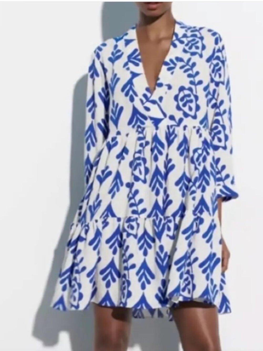 Zara White & Blue Printed Tiered Dress - sz S